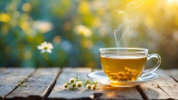 Cup of tea with Chamomile leaves around it on a vintage rustic table. photo