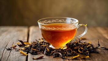 Close-up view of a cup of tea with dry leaves around it on a textured wooden table photo