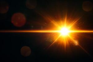 Radiant sunburst with golden rays and bokeh lights against a dark background overlay effect photo