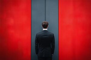 Man in a suit against a red and gray wall photo
