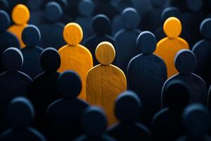 Golden figures isolated among a crowd of dark wooden figures symbolizing exclusion and discrimination photo