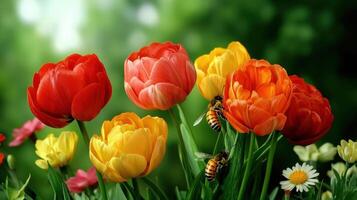 A vibrant assortment of tulips in red, yellow, and orange, surrounded by lush greenery and buzzing bees, creating a lively spring atmosphere. photo