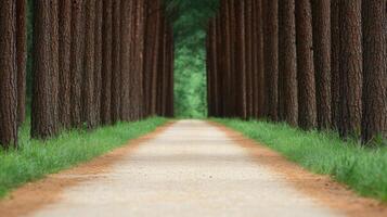 A serene forest path lined with tall trees, leading into lush greenery, inviting a peaceful stroll or exploration. photo