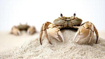 A crab perched on a sandy surface, showcasing its claws and intricate details, with another crab blurred in the background. photo