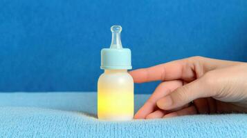 A hand gently holds a small bottle containing a glowing liquid, set against a blue background, highlighting its shape and color, mother baby care warmth background. photo