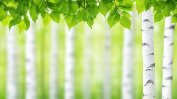 A serene forest scene featuring vibrant green leaves and white birch trees, creating a calming and natural atmosphere. photo