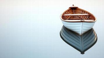 A serene boat floats gently on calm waters, reflecting its silhouette in the still surface. photo