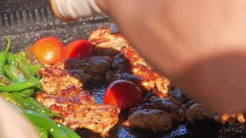 Grilling fresh meat and vegetables at a vibrant outdoor cookout video