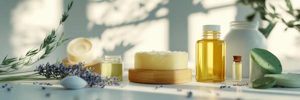 Skincare products with green containers surrounded by fresh citrus and lavender flowers, creating a refreshing and natural aesthetic photo