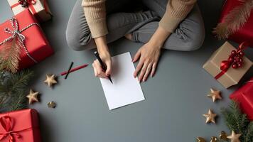 Person writing 2025 on a notepad surrounded by festive Christmas decorations photo