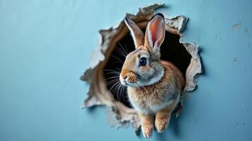 A cute rabbit looking out from a hole in torn paper, with a soft blue background providing a striking contrast. The image conveys curiosity, innocence, and whimsy in an artistic composition photo