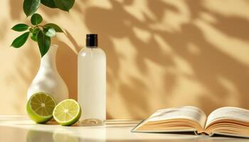 A clear bottle of skincare product adorned with lemons and illuminated by soft textures, emphasizing an organic and fresh feel. Minimalistic design with natural shadows. photo