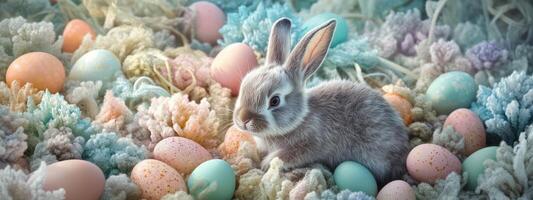 Adorable Easter bunny nestled amidst vibrant painted eggs, set against a soft pastel background with floral elements, evoking springtime joy photo