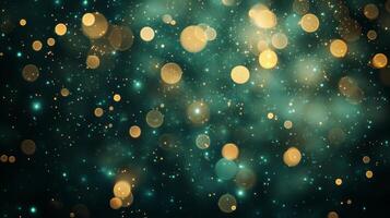 Dark green abstract background with a bokeh circle and shiny stars. New year, birthday, holidays celebration photo