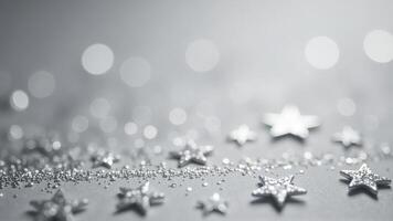 Silver abstract background with a bokeh circle and shiny stars. New year, birthday, holidays photo