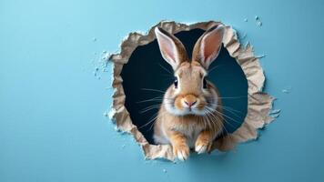 A cute rabbit looking out from a hole in torn paper, with a soft blue background providing a striking contrast. The image conveys curiosity, innocence, and whimsy in an artistic composition. photo