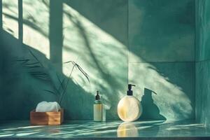 Assorted bath products and accessories on a marble surface in soft light photo