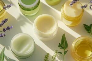 Tres frascos conteniendo protección de la piel cremas en natural suave matices rodeado por lavanda y hojas, exhibiendo natural productos foto