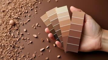 swatches with color of 2025 year in the hand - Mocha Mousse. Color trend palette. photo