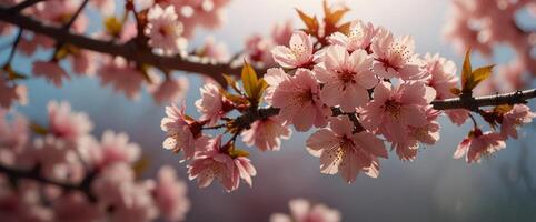 Closeup of pink cherry blossom flowers on branches with sunlight background. photo