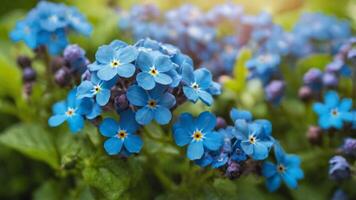 Close-up of vibrant blue flowers with green leaves on a soft blurred background. photo
