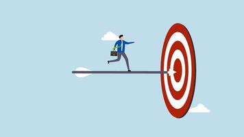 Aiming to hit business goal, 4k animation confidence businessman on arrow bow aiming to hit target bullseye. video