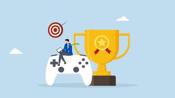 Gamification, 4k animation man with computer laptop on game joystick with trophy award. video