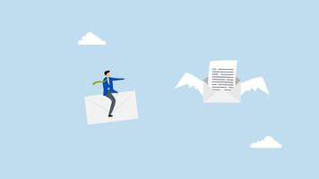 Follow up email sending message to confirm important project, 4k animation entrepreneur soaring aerial reminder message letter. video