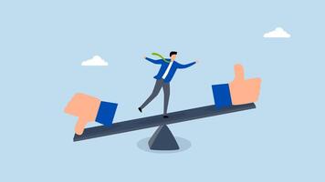Demerit and merit evaluation, 4k animation businessman teetering on a seesaw with thumbs up and down. video