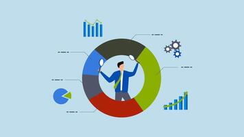 Analyze data, 4k animation entrepreneur using magnifying glass to examine pie chart information. video