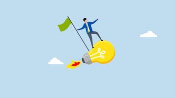 Success business idea, 4k animation entrepreneur grasping victory flag atop soaring lightbulb concept. video