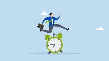Punctual being on time or time management, 4k animation confidence businessman jump over alarm clock. video