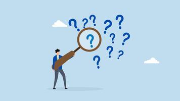 Problem analysis, 4k animation businessman with magnifying glass analyze question marks. video