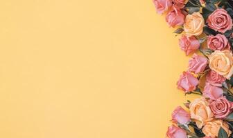 Elegant border of blooming roses on a vibrant yellow backdrop, creating a stunning visual contrast ideal for creative projects and designs photo