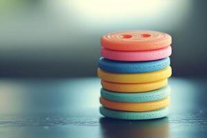 Stacked colorful foam buttons in pastel tones, with soft textures and blurred background, creating sense of playfulness photo