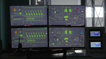 Industry 4.0 Modern Factory. Multiple monitors with control panel of a modern enterprise, fully electronic and digital control of technological processes in a plant or factory. video