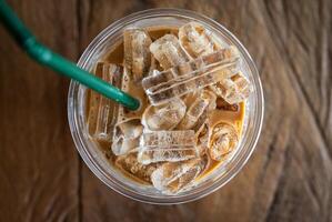 High angle view of a plastic cup of iced milk coffee. photo