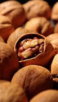 Walnut nuts food, closeup of walnut nut texture on black background, walnut on black background video