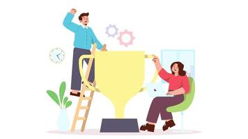 Celebrating achievement with a giant trophy and teamwork in a modern office of 2d animation. One climbs a ladder to a large trophy while the other works on a laptop, both celebrating success. video