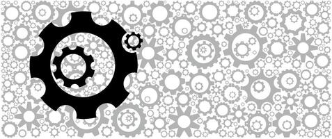 Three identical gear wheels on one line on a background of light gray gears. Mechanical background pattern for industrial logo or titles vector