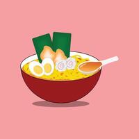 a bowl of spicy ramen with full toppings isolated on a white background vector