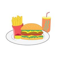 A hamburger and fries on a plate with a drink vector