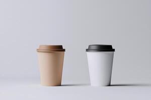 Two white paper coffee cups with black and brown lids with brown lids, soft shadow, plain light grey background photo