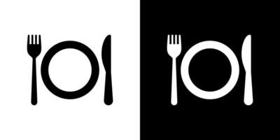 Black And White Icon of Dining Plate With Utensils Displayed Hibination vector