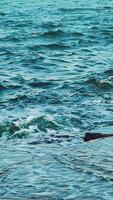 Turquoise waves is colliding with stone rocks near the shore and turning into thousands of drops of water. Slow motion. View from above Vertical video