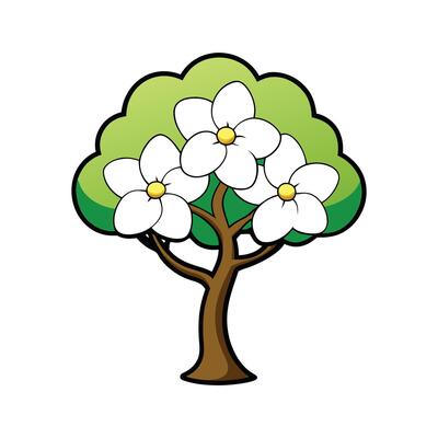 Dogwood Tree Bold Outline Unique Design. Cartoon Art Tree Illustration.
