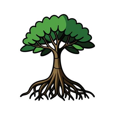 Stylized Outline of Black Mangrove Tree. Cartoon Art Tree Illustration.