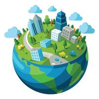 3D Globe Icon with Natural and Urban Elements and Planet Earth Concept vector