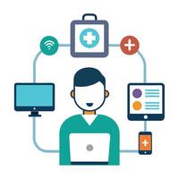 Patient Icon Connected to a Monitor and Remote Patient Monitoring Concept vector