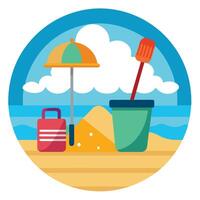 Modern Beach Icon with Cleanup Tools and Isolated Background vector